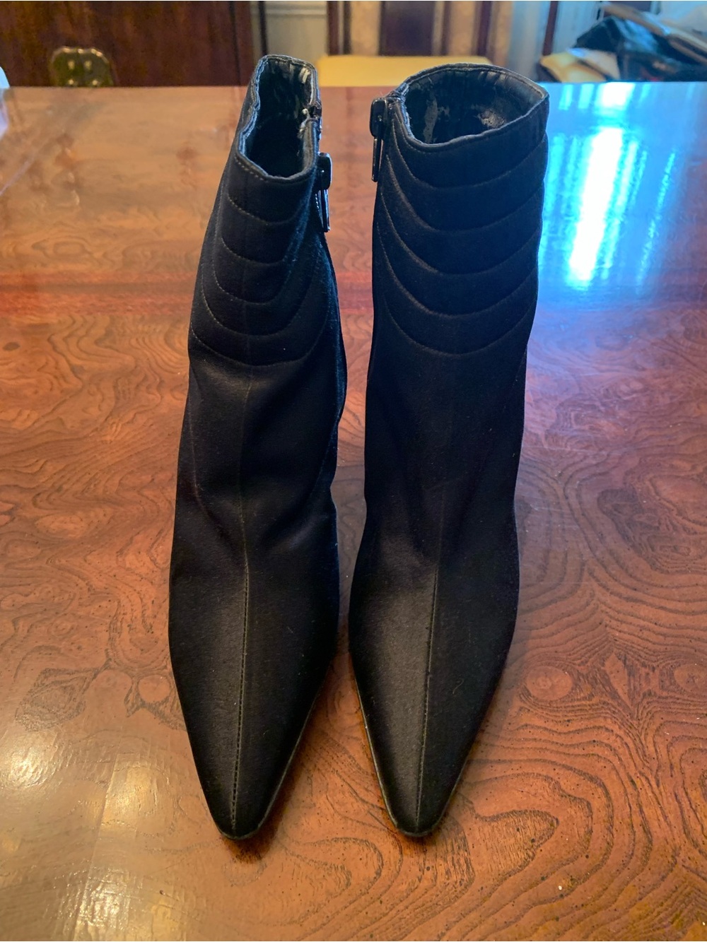 Vintage Satin Anne Klein Black Pointed Ankle Booties with Quilted Shaft